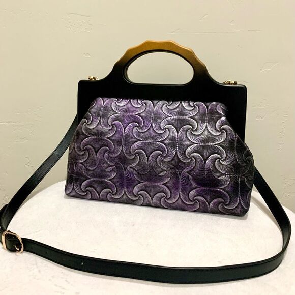 Handmade Genuine Embossed Leather Gradient Metallic Wooden Frame Bag/Crossbody - Picture 3 of 11